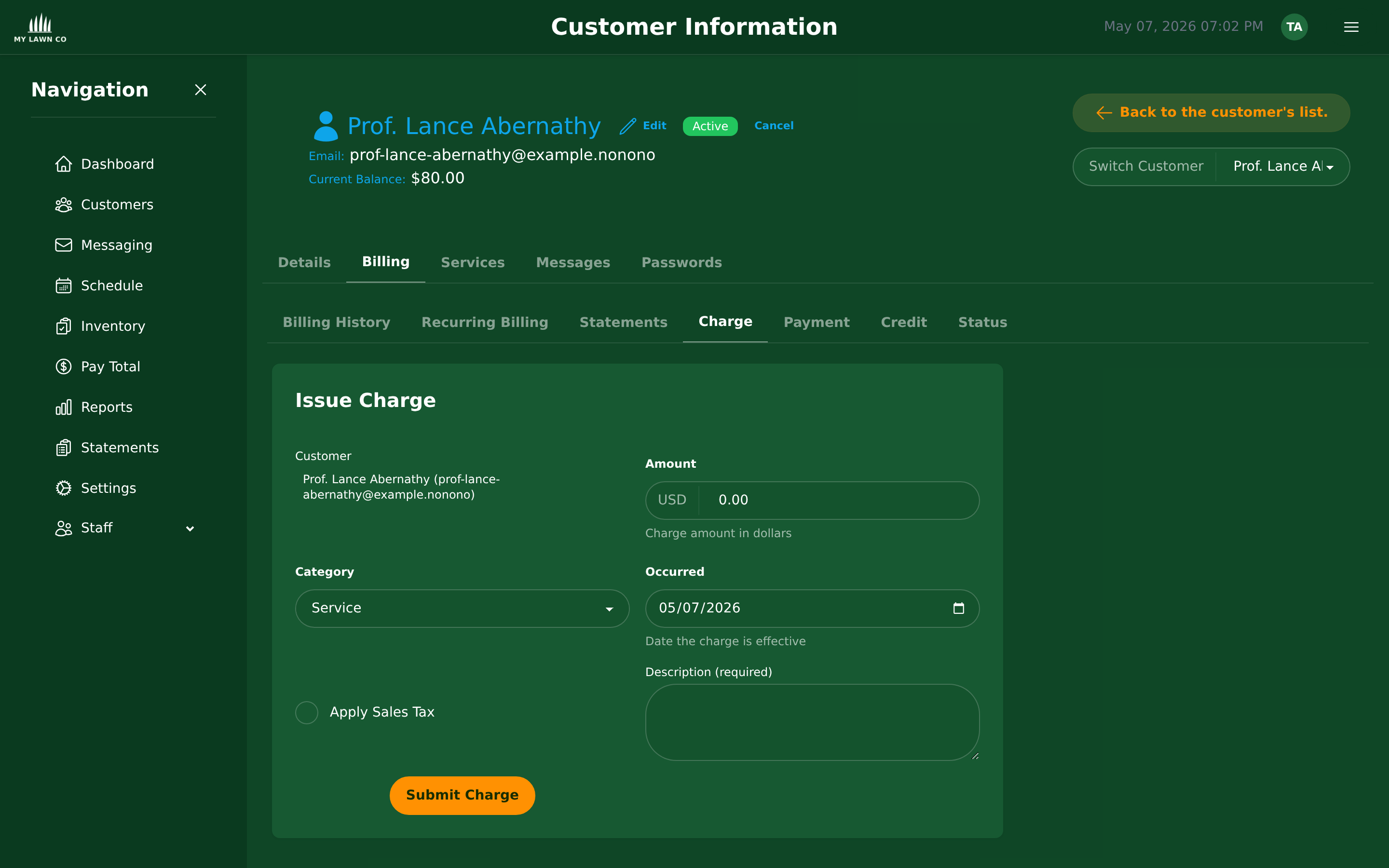 Issue Charge form with customer, amount, category (service/repair/service call), date, description, and sales tax toggle