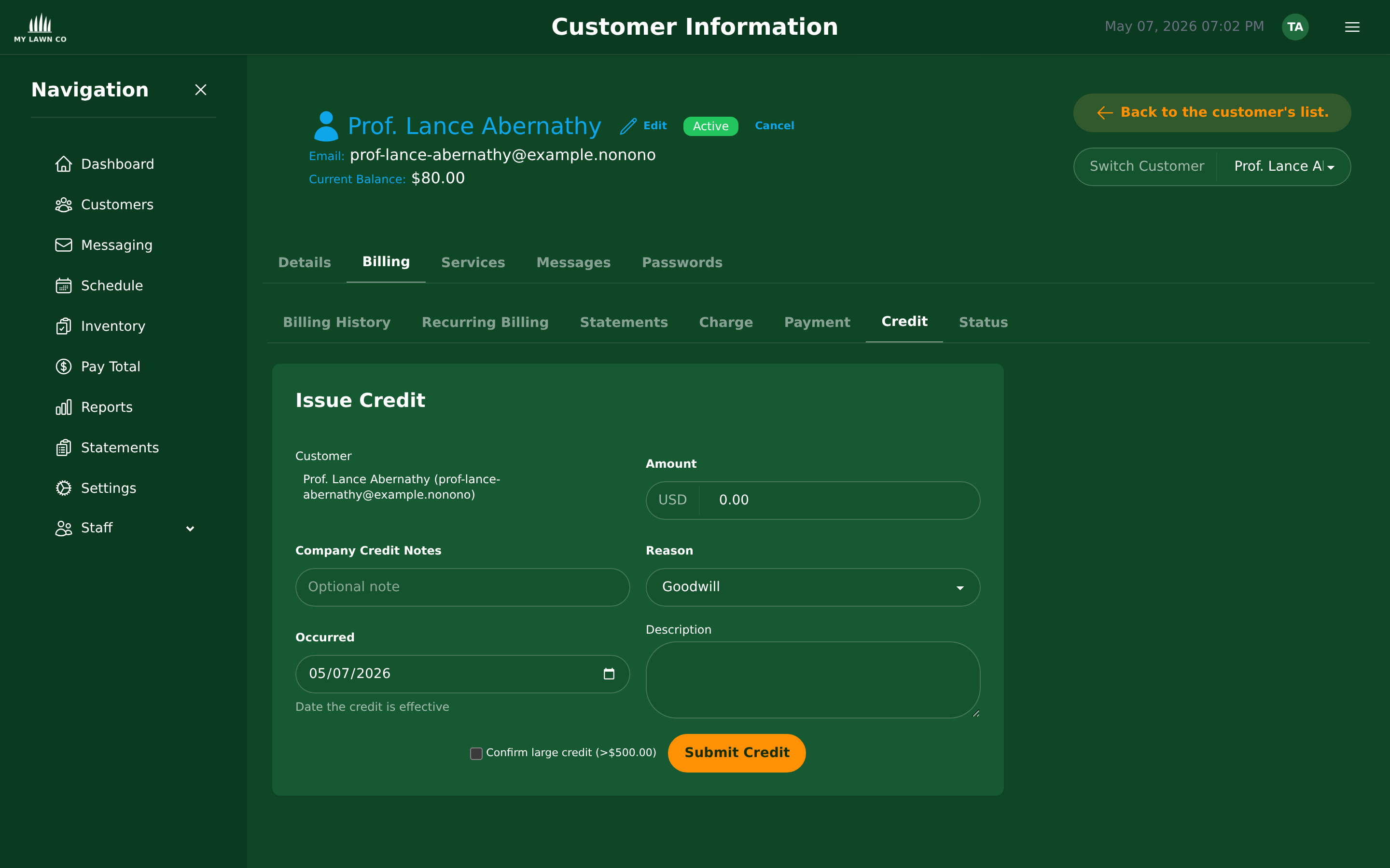 Issue Credit form with amount, reason (goodwill/adjustment/error), and confirmation for large credits