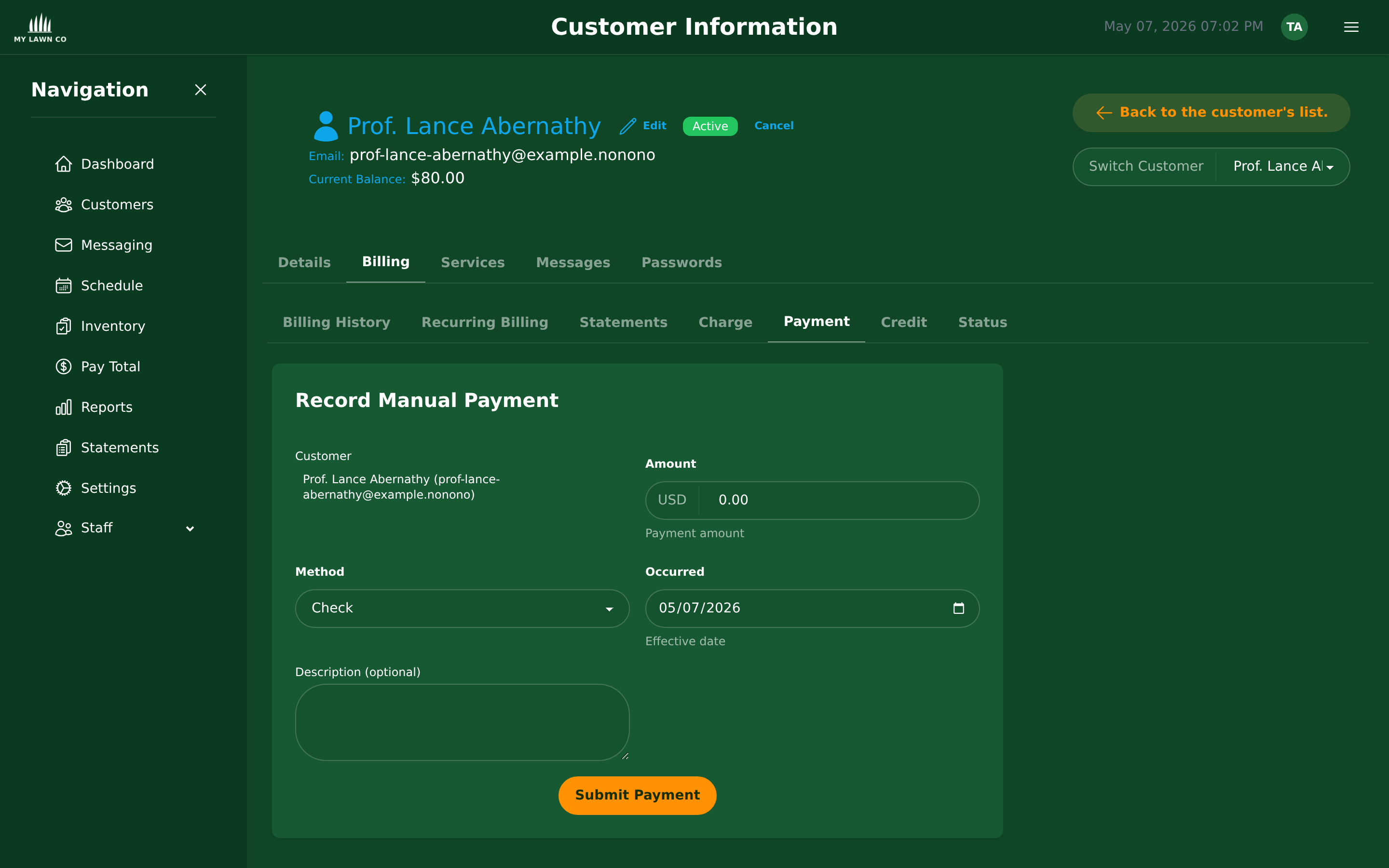 Record Payment form with customer, amount, method (Zelle/check/cash/Cash App), reference number, and date
