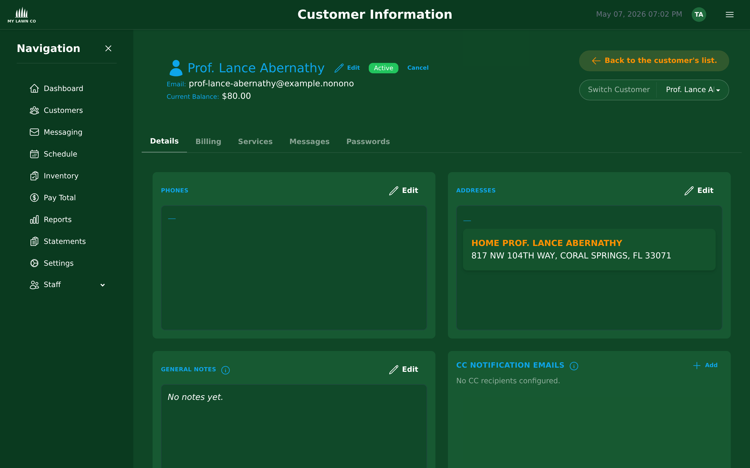 EZ Lawn Biller customer portal dashboard showing balance and billing history