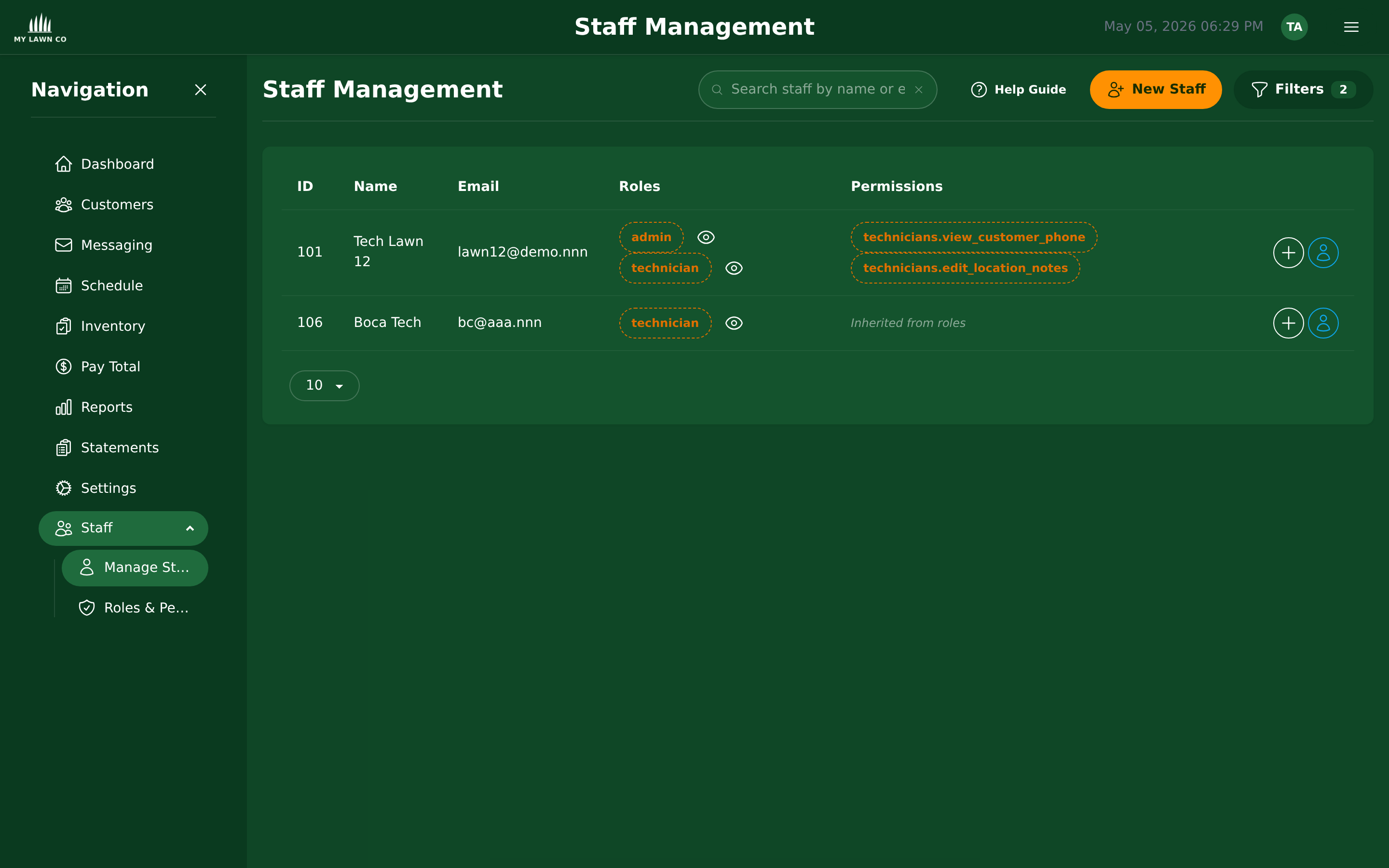 EZ Lawn Biller staff management with impersonate buttons