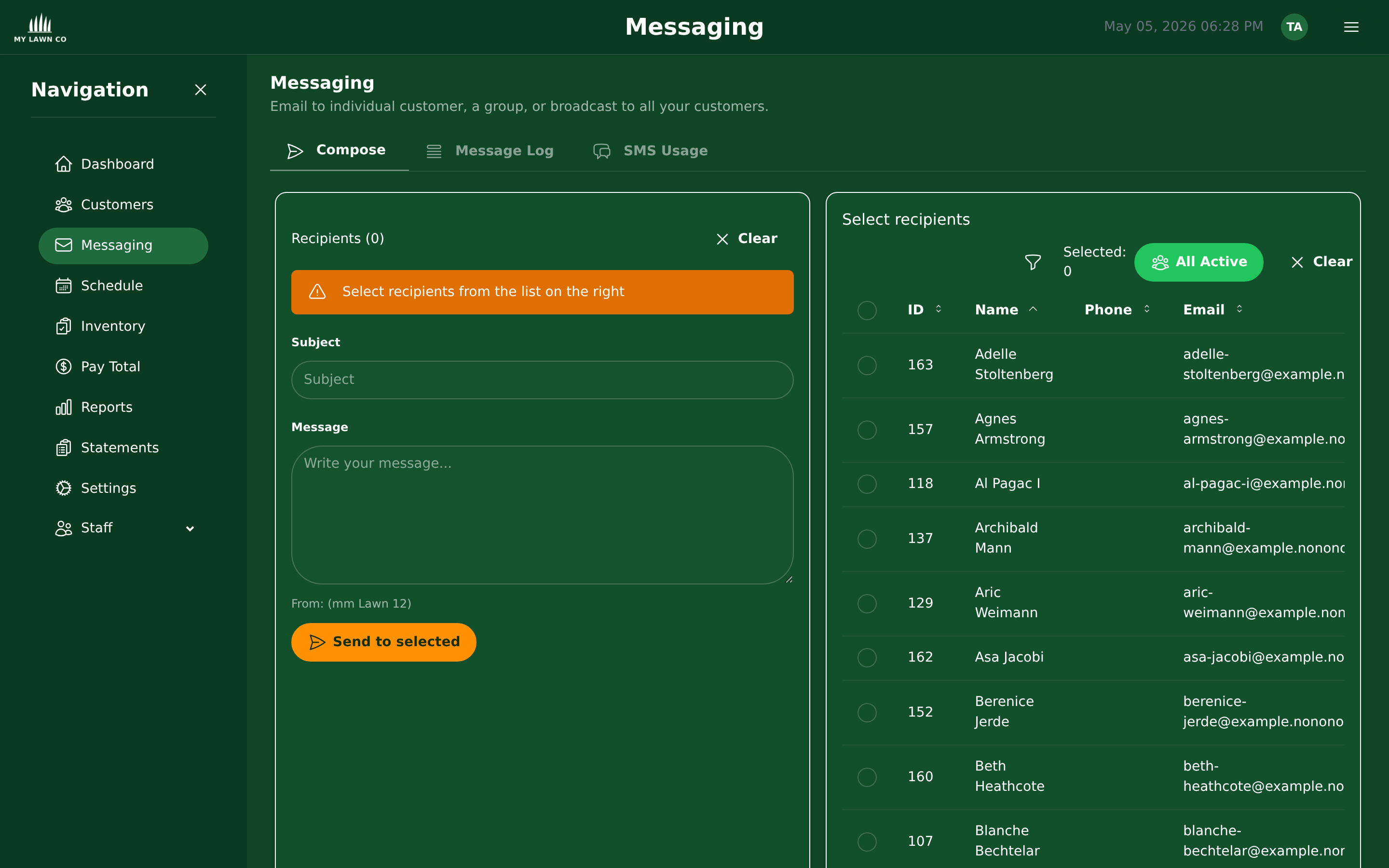 Messaging center for email and SMS communications with customers