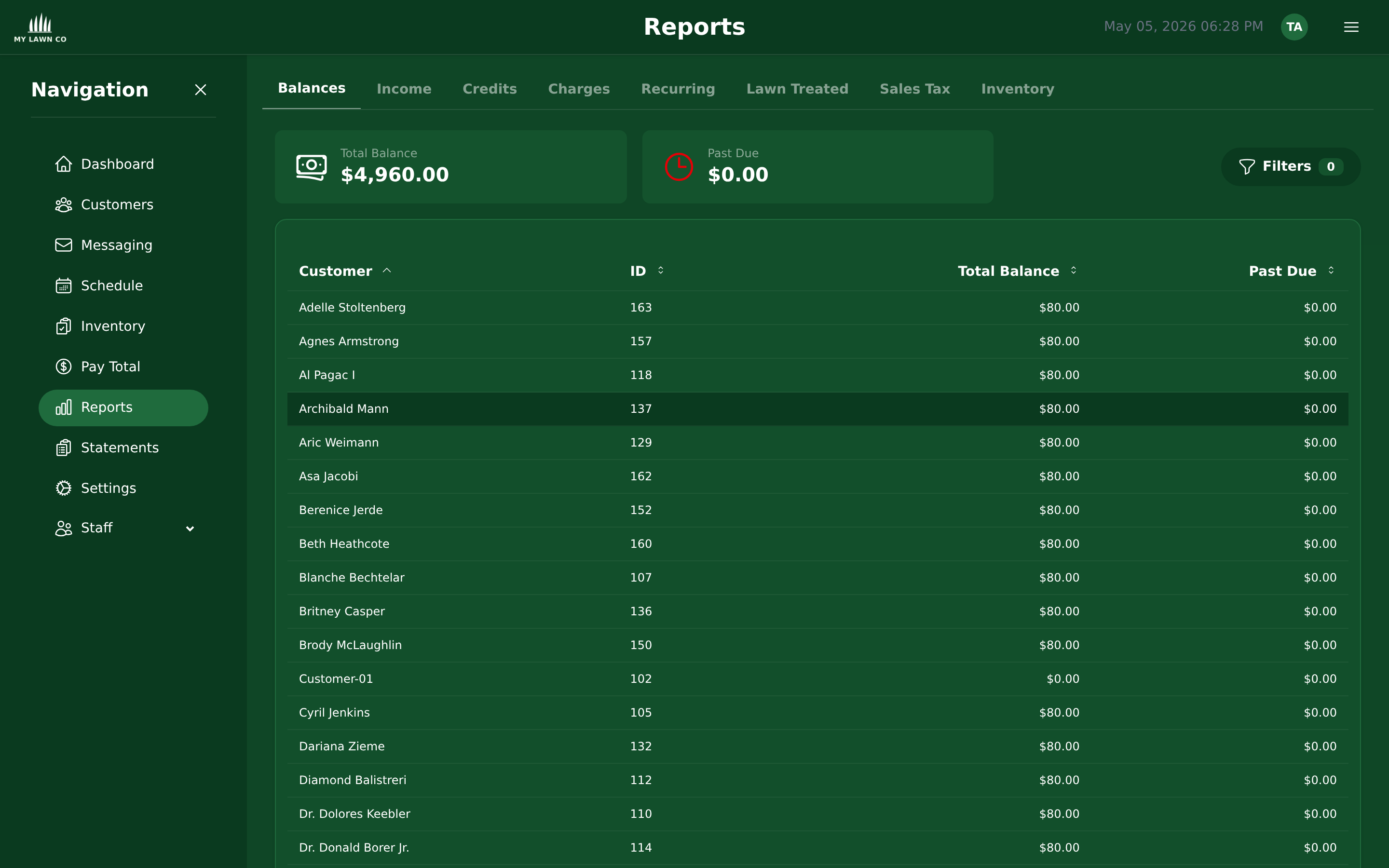 Reports dashboard with financial, operational, and inventory report options