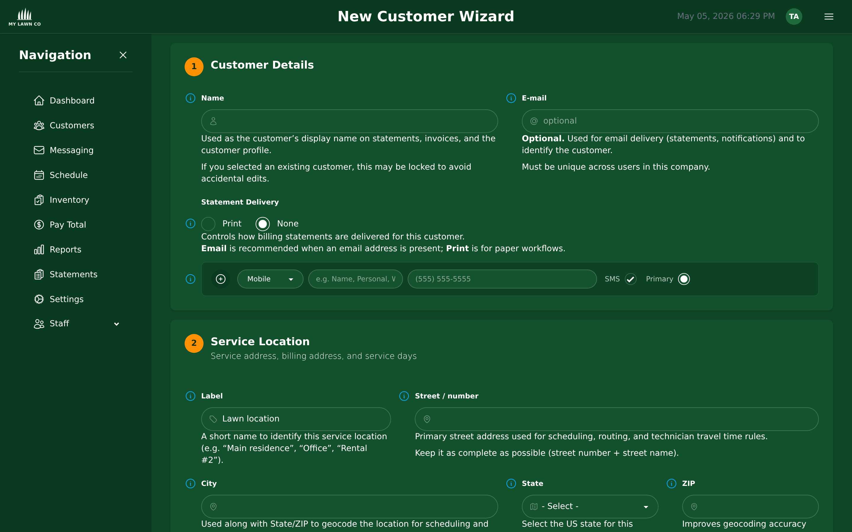 EZ Lawn Biller subscription setup wizard for new customer