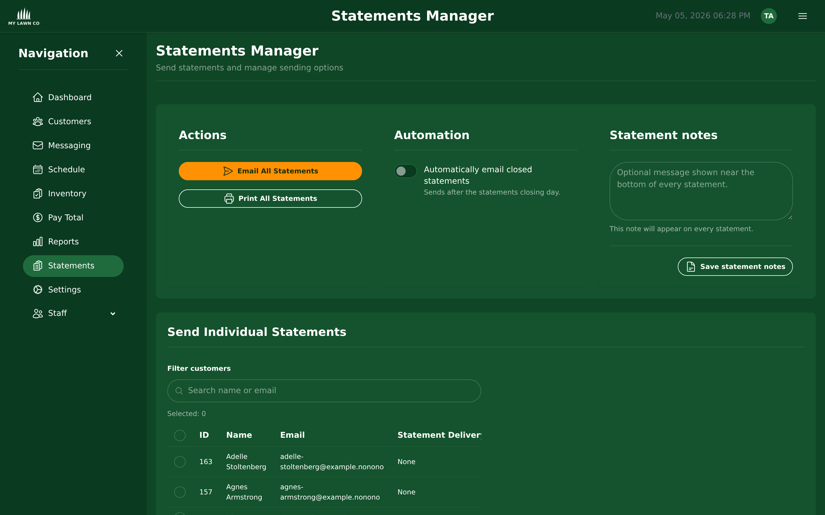 EZ Lawn Biller statements manager with email and print options