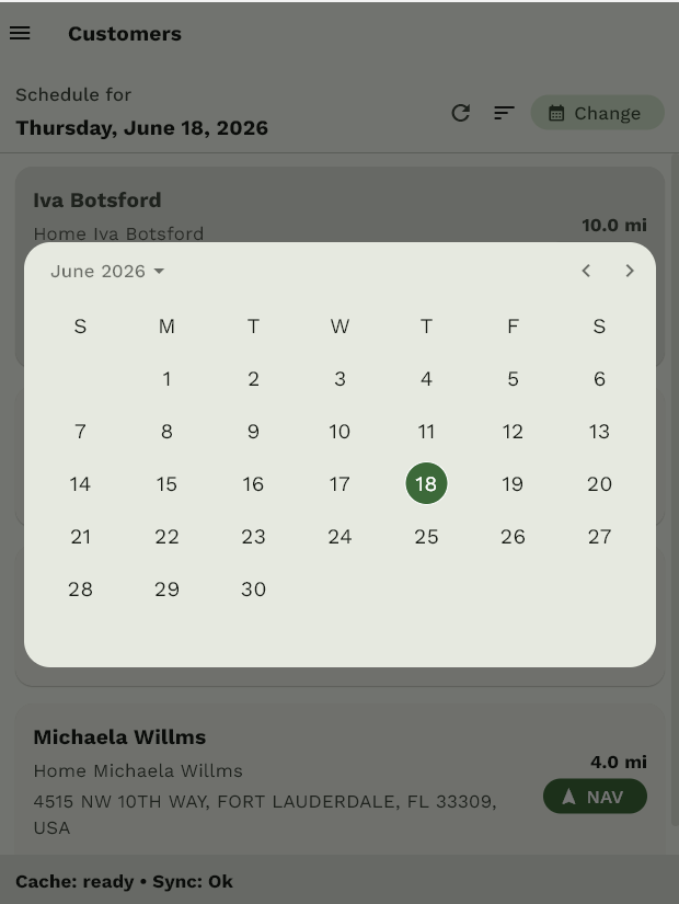 EZ Lawn Biller mobile calendar picker for schedule navigation