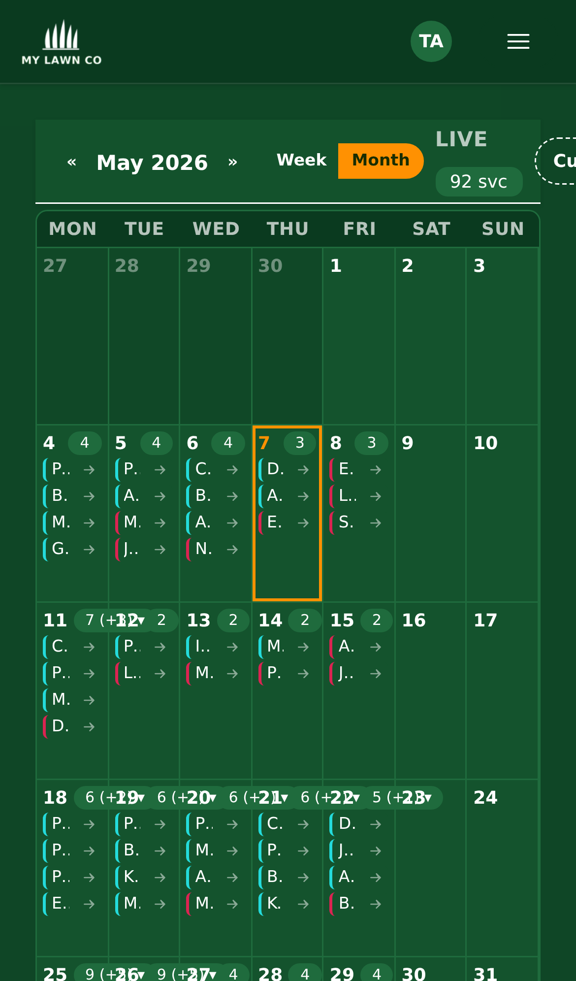 EZ Lawn Biller mobile app daily schedule with customer stops and navigation